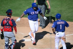 Mar 8, 2015; Surprise, AZ, USA; Texas Rangers first baseman Prince Fielder (84) crosses home plate after hitting a home run against the Cleveland Indians during to a spring training baseball game at Surprise Stadium. Mandatory Credit: Joe Camporeale-USA TODAY Sports