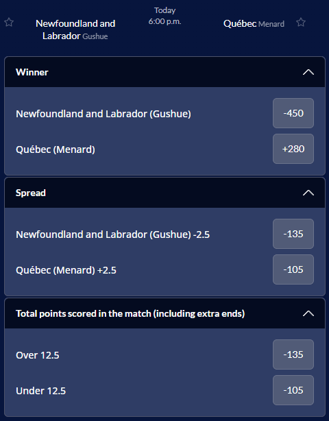 2026 Montana's Brier betting odds example from Sports Interaction using the Gushue vs Menard match.
