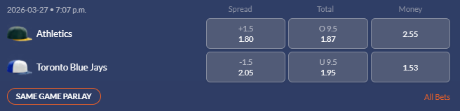 Screenshot of the betting lines for the Blue Jays home opener vs the Athletics (2026) from Sports Interaction.