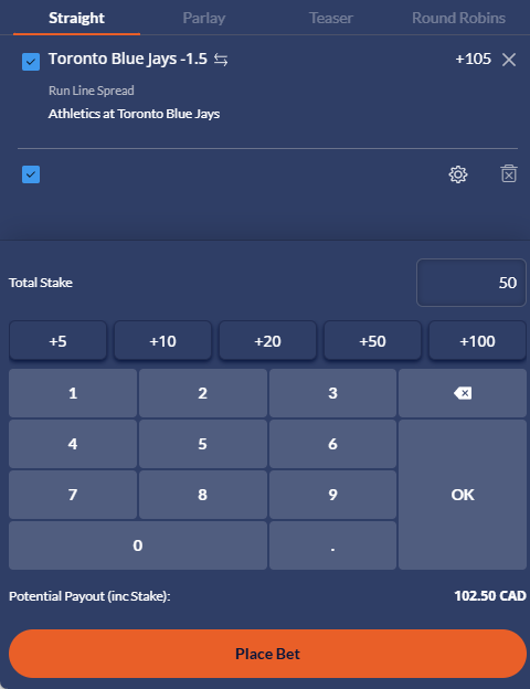 Toronto Blue Jays bet slip screenshot at Sports Interaction.