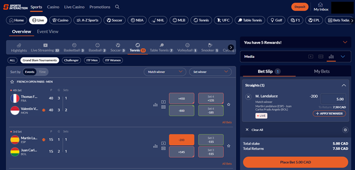Screenshot of Live Betting page on Sports Interaction.