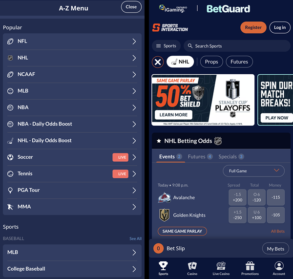 Screenshot of the mobile app from Sports Interaction.