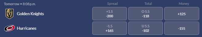 Screenshot showing the odds for game 1 of the 2026 Stanley Cup Finals from Sports Interaction.