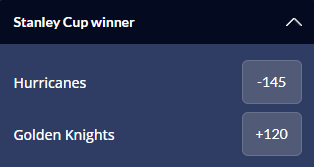 Screenshot of the Hurricanes vs Golden Knights series winner odds from Sports Interaction.