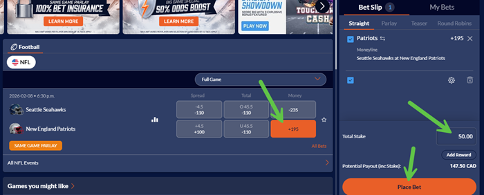 Screenshot with arrows showing the clicks to place a bet on Super Bowl LX at Sports Interaction.