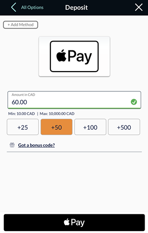 Apple Pay deposit page in the Sports Interaction cashier.