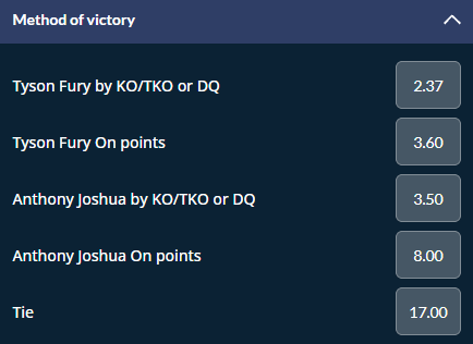 Tyson Fury vs Anthony Joshua method of victory betting odds from SportsInteraction.com.