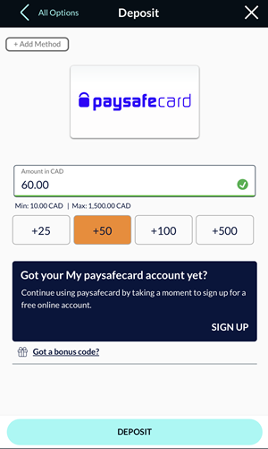 Paysafecard deposit page in the Sports Interaction cashier.